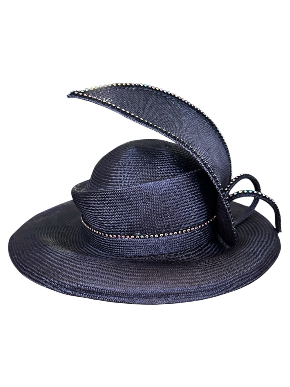 Jack McConnell NY Couture Navy Sculptural Hat Rhinestone Trim Statement Vintage